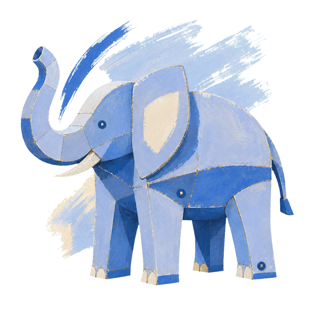 A painted cardboard elephant in bluebell blue, trunk raised